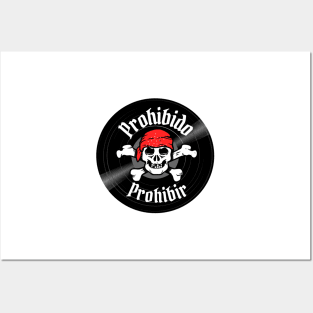 Pirate disc Forbidden ban. Phrase in Spanish on a vinyl record. Posters and Art